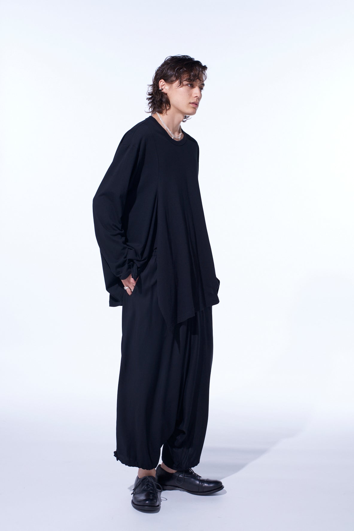 COTTON JERSEY FABRIC SWITCH L/S DRAPED T-SHIRT