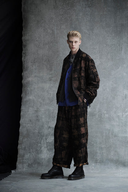 CHECK JACQUARD WAIST-STRING WIDE PANTS