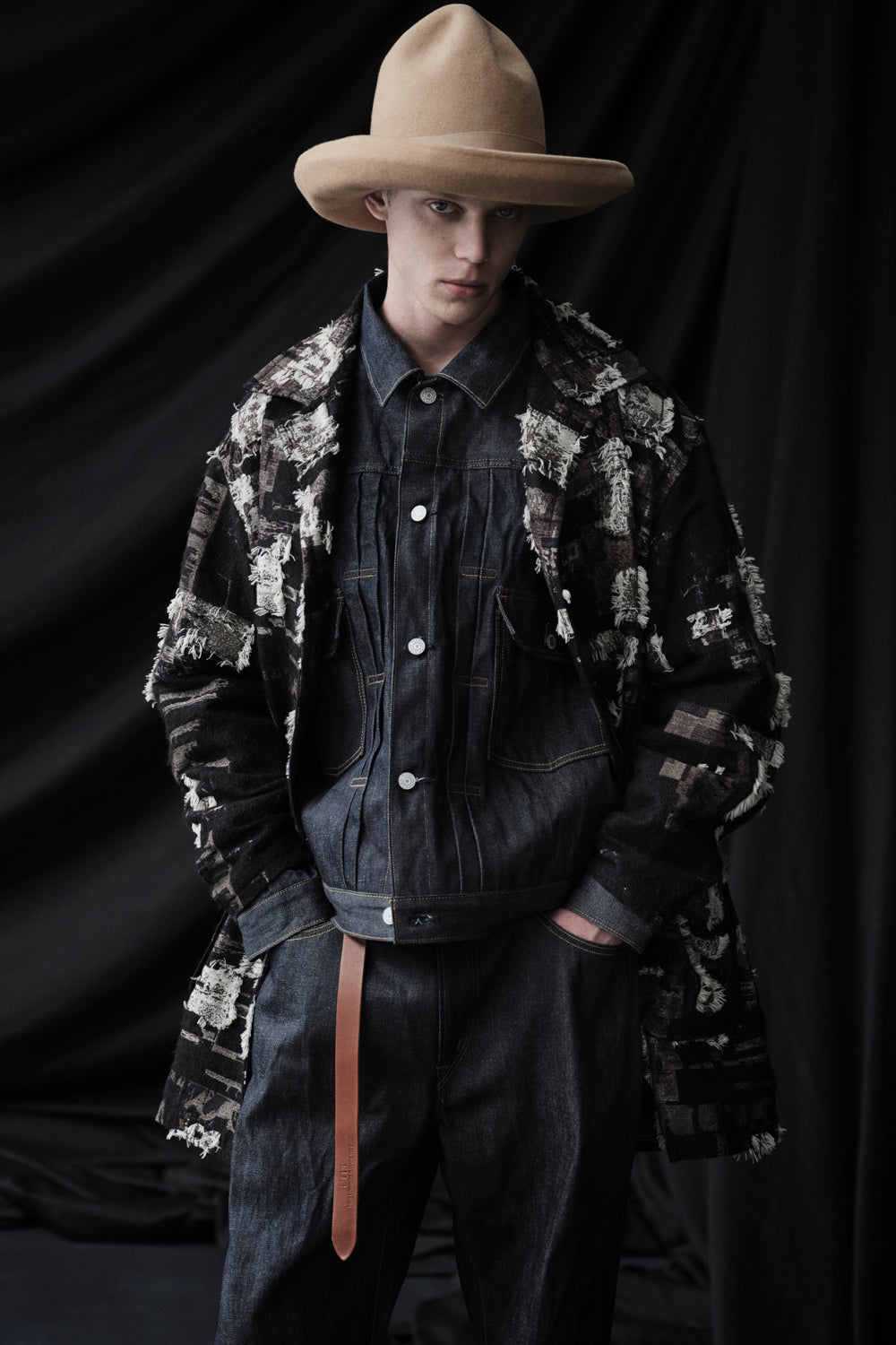 PATCHWORK CUT JACQUARD POCKET HALF COAT