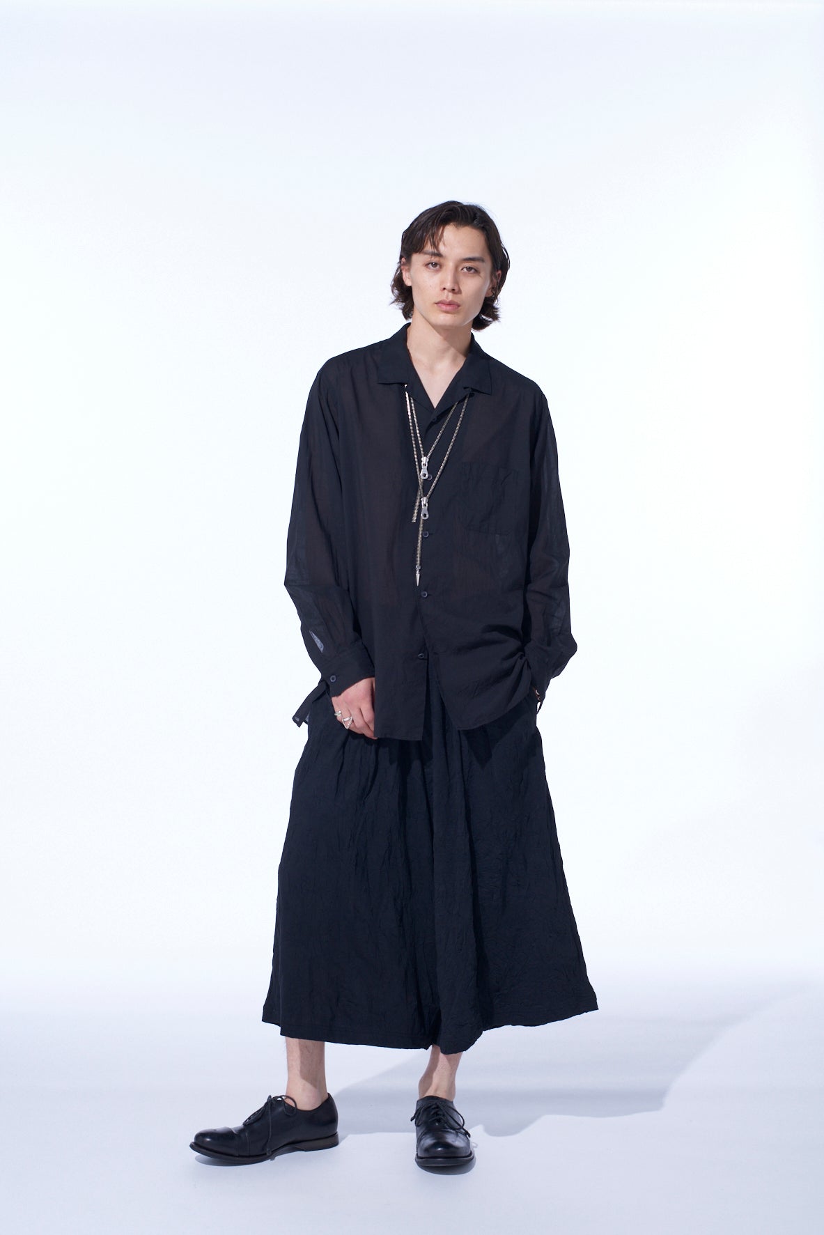 COTTON SILK LOAN LOOSE-FIT OPEN COLLAR SHIRT