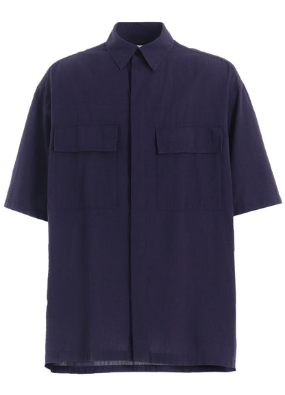 BROADCLOTH CHAMBRAY FLAP POCKETS OVERSIZED SHORT-SLEEVE SHIRT