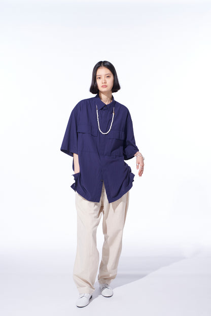 BROADCLOTH CHAMBRAY FLAP POCKETS OVERSIZED SHORT-SLEEVE SHIRT