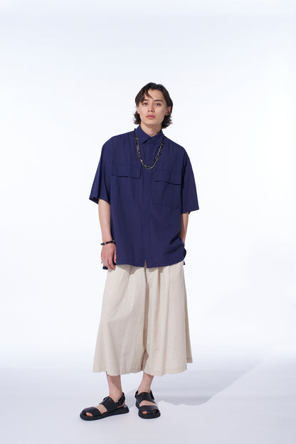 BROADCLOTH CHAMBRAY FLAP POCKETS OVERSIZED SHORT-SLEEVE SHIRT