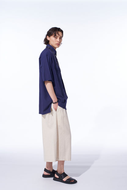 BROADCLOTH CHAMBRAY FLAP POCKETS OVERSIZED SHORT-SLEEVE SHIRT