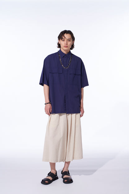 BROADCLOTH CHAMBRAY FLAP POCKETS OVERSIZED SHORT-SLEEVE SHIRT