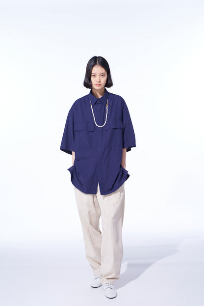 BROADCLOTH CHAMBRAY FLAP POCKETS OVERSIZED SHORT-SLEEVE SHIRT