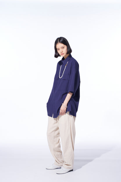 BROADCLOTH CHAMBRAY FLAP POCKETS OVERSIZED SHORT-SLEEVE SHIRT