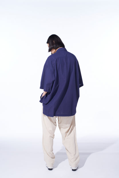 BROADCLOTH CHAMBRAY FLAP POCKETS OVERSIZED SHORT-SLEEVE SHIRT