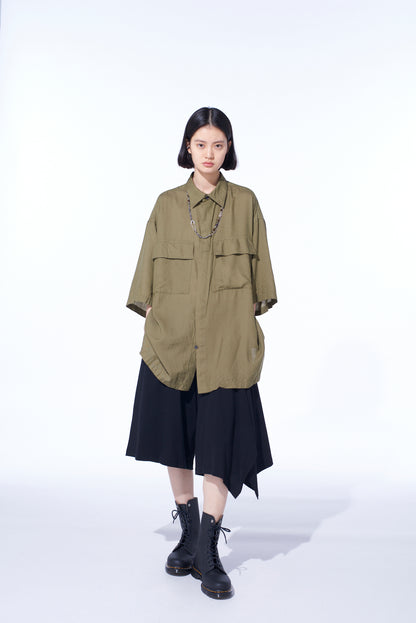 COTTON/CELLULOSE BROAD FLAP POCKETS OVERSIZED SHORT-SLEEVE SHIRT