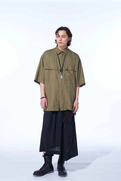 COTTON/CELLULOSE BROAD FLAP POCKETS OVERSIZED SHORT-SLEEVE SHIRT