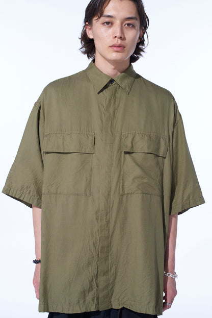COTTON/CELLULOSE BROAD FLAP POCKETS OVERSIZED SHORT-SLEEVE SHIRT