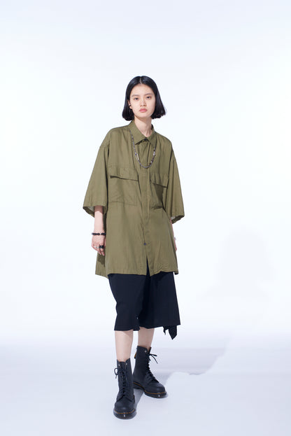 COTTON/CELLULOSE BROAD FLAP POCKETS OVERSIZED SHORT-SLEEVE SHIRT