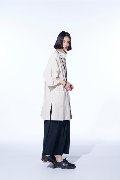 COTTON/LINEN POPLIN OVERSIZED STAND COLLAR SHIRT