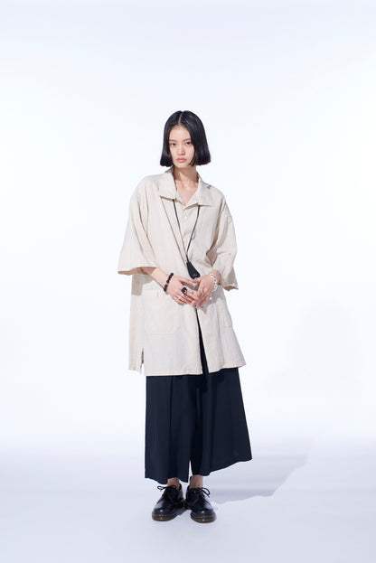 COTTON/LINEN POPLIN OVERSIZED STAND COLLAR SHIRT