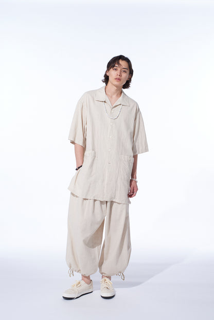 COTTON/LINEN POPLIN OVERSIZED STAND COLLAR SHIRT