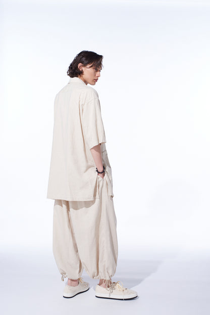 COTTON/LINEN POPLIN OVERSIZED STAND COLLAR SHIRT