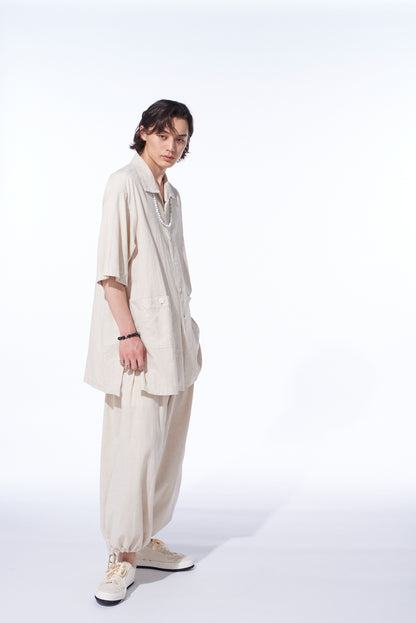 COTTON/LINEN POPLIN OVERSIZED STAND COLLAR SHIRT