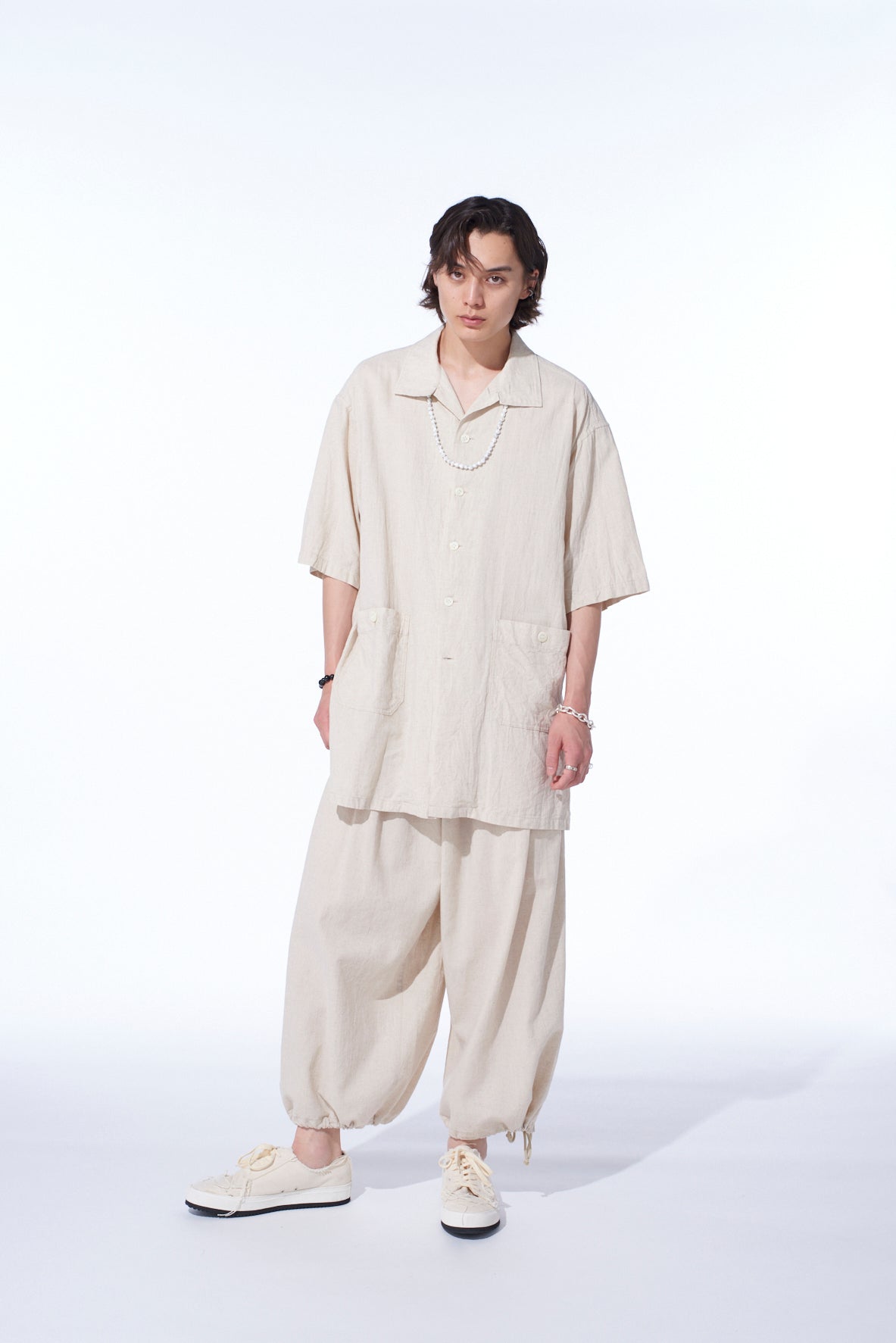 COTTON/LINEN POPLIN OVERSIZED STAND COLLAR SHIRT