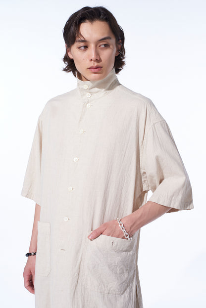 COTTON/LINEN POPLIN OVERSIZED STAND COLLAR SHIRT