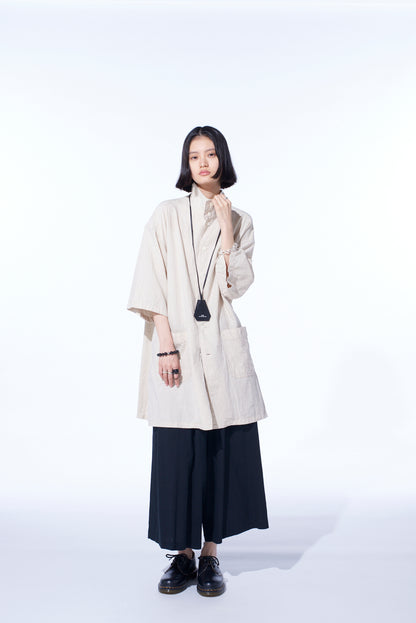 COTTON/LINEN POPLIN OVERSIZED STAND COLLAR SHIRT