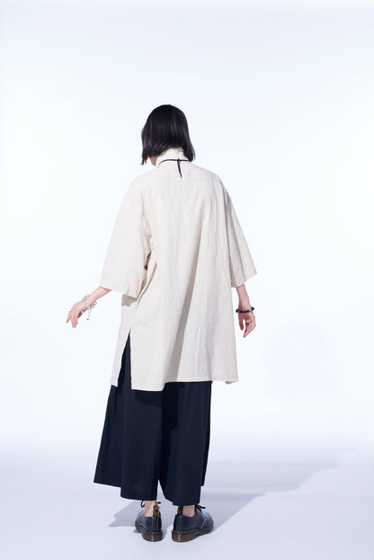 COTTON/LINEN POPLIN OVERSIZED STAND COLLAR SHIRT