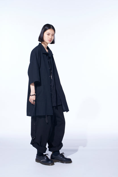 COTTON/LINEN POPLIN OVERSIZED STAND COLLAR SHIRT