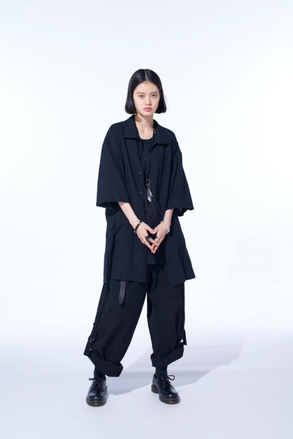 COTTON/LINEN POPLIN OVERSIZED STAND COLLAR SHIRT