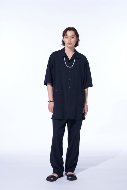 COTTON/LINEN POPLIN OVERSIZED STAND COLLAR SHIRT