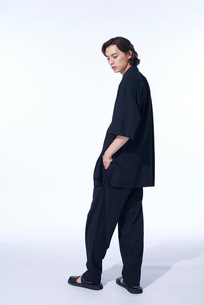 COTTON/LINEN POPLIN OVERSIZED STAND COLLAR SHIRT