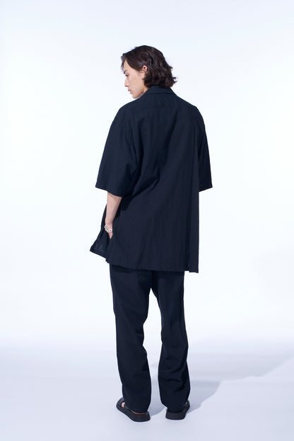 COTTON/LINEN POPLIN OVERSIZED STAND COLLAR SHIRT