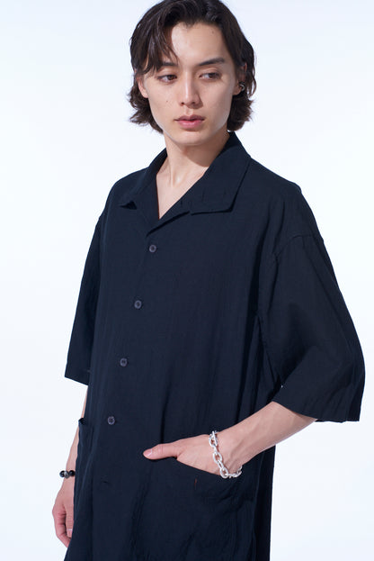 COTTON/LINEN POPLIN OVERSIZED STAND COLLAR SHIRT