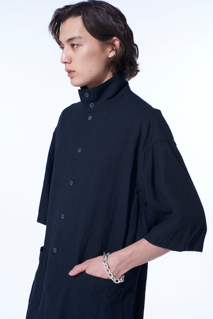 COTTON/LINEN POPLIN OVERSIZED STAND COLLAR SHIRT