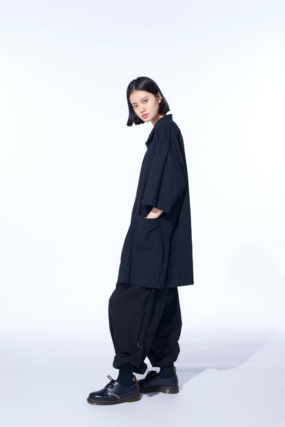 COTTON/LINEN POPLIN OVERSIZED STAND COLLAR SHIRT