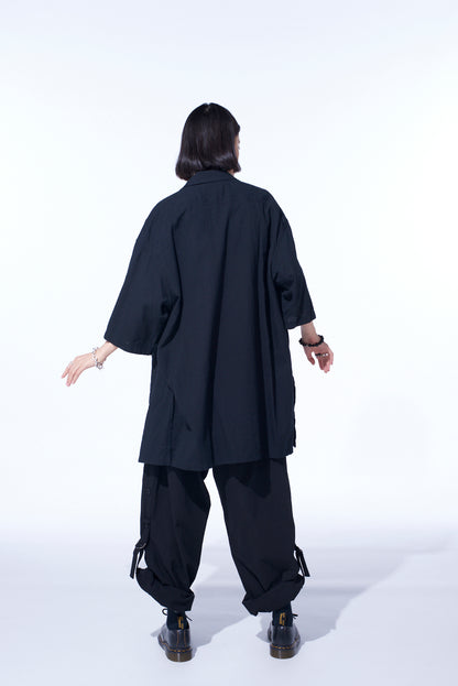 COTTON/LINEN POPLIN OVERSIZED STAND COLLAR SHIRT