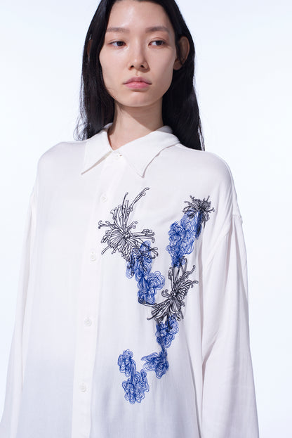 VISCOSE TWILL CHRYSANTHEMUM EMBROIDERY OVERSIZED SHIRT