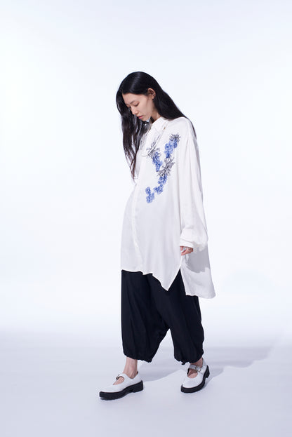 VISCOSE TWILL CHRYSANTHEMUM EMBROIDERY OVERSIZED SHIRT