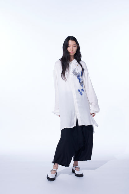 VISCOSE TWILL CHRYSANTHEMUM EMBROIDERY OVERSIZED SHIRT
