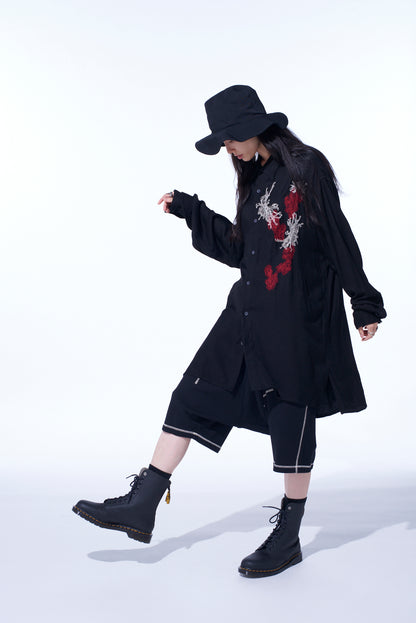 VISCOSE TWILL CHRYSANTHEMUM EMBROIDERY OVERSIZED SHIRT