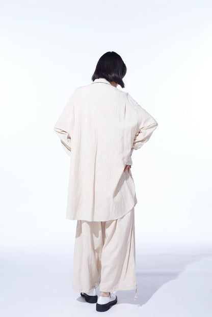 COTTON/LINEN POPLIN PLEATED OVERSIZE SHIRT
