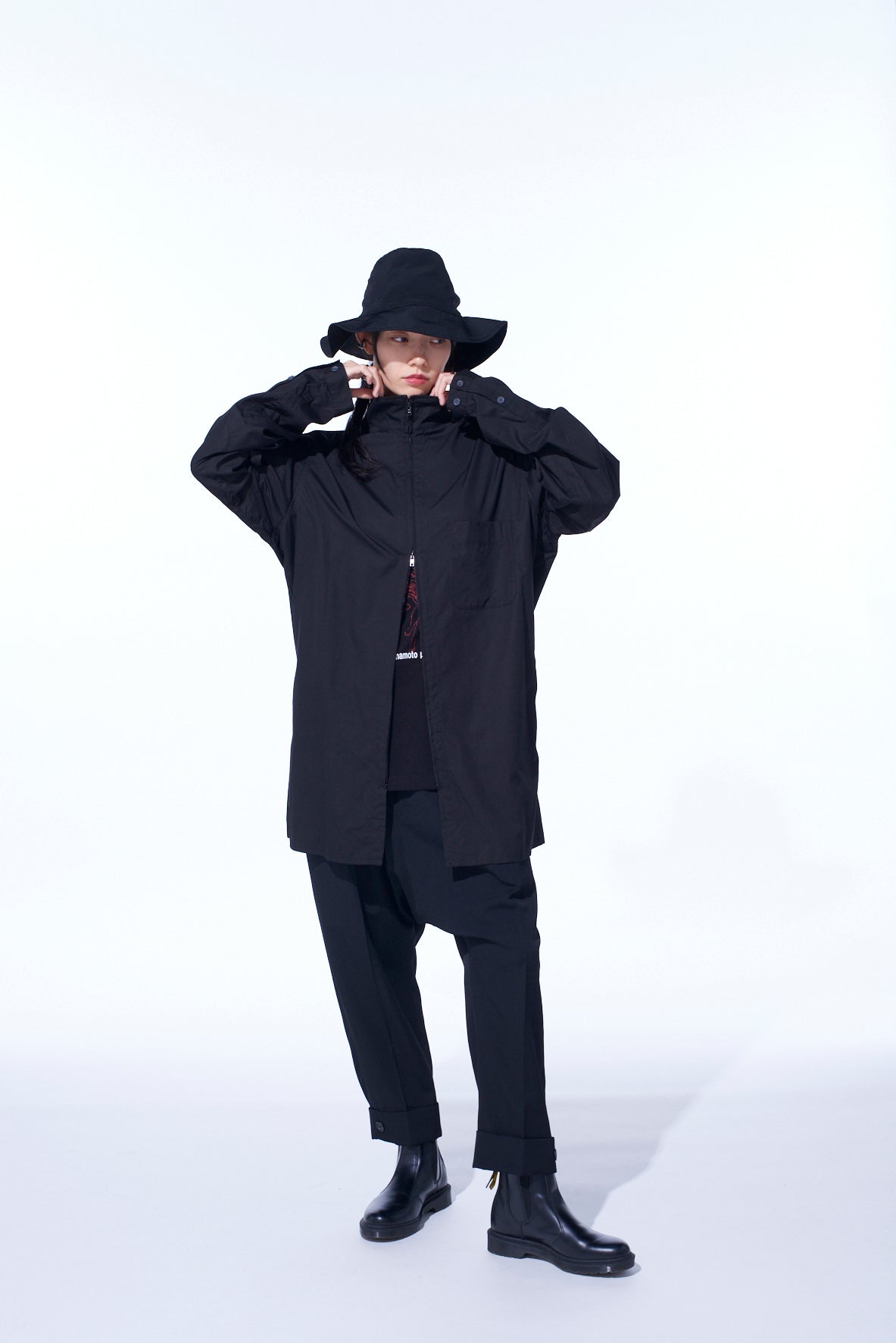 COTTON BROAD STAND COLLAR ZIPPER SHIRT
