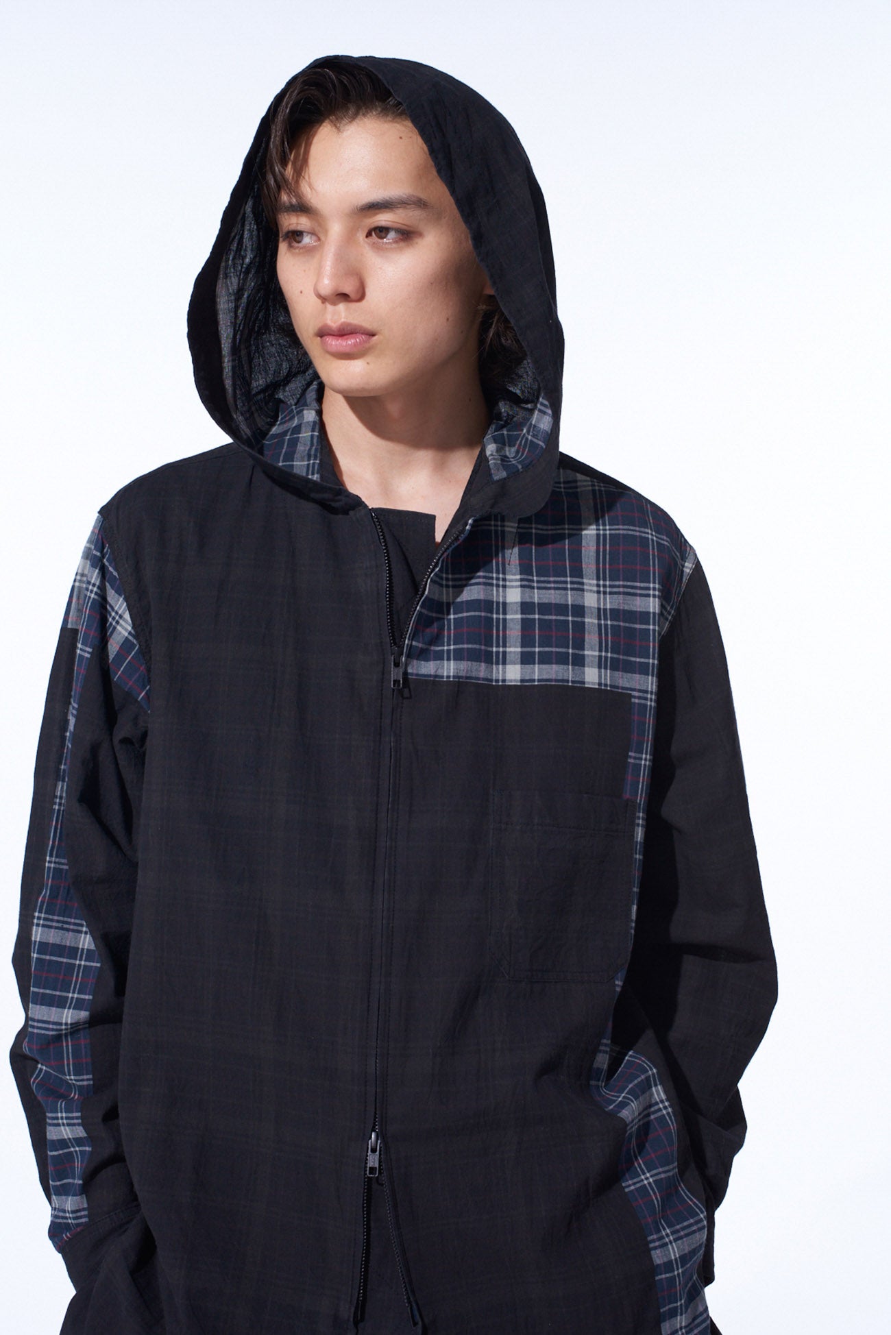 MADRAS CHECK PIGMENT PRINT HOODED SHIRT