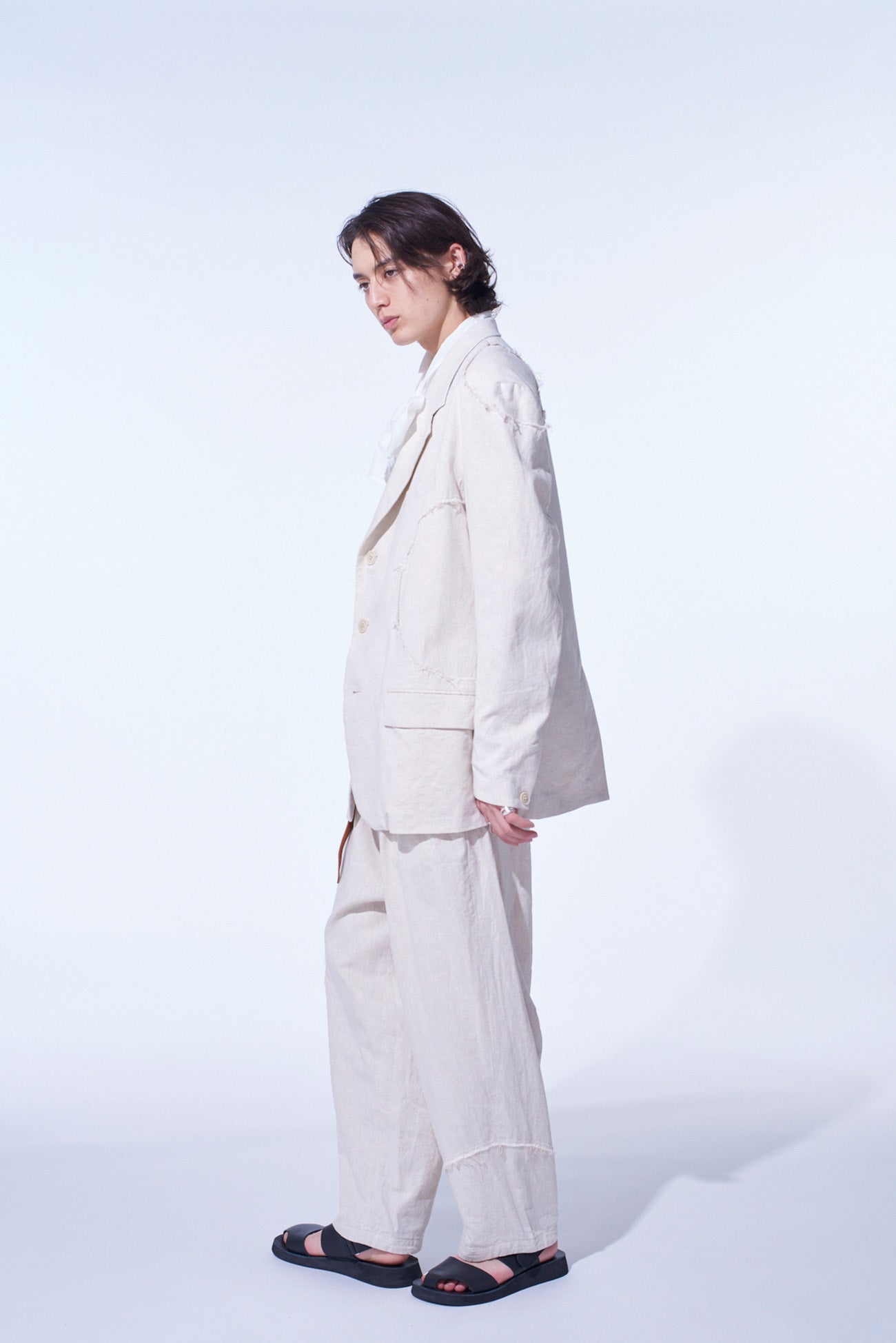 LINEN/COTTON HERRINGBONE ZIGZAG CUT-OUT JACKET