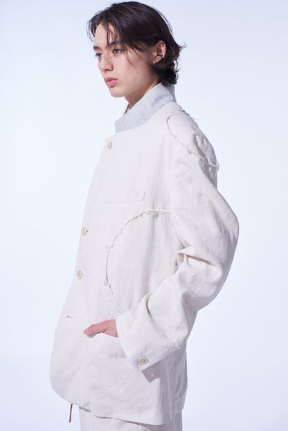 LINEN/COTTON HERRINGBONE ZIGZAG CUT-OUT JACKET