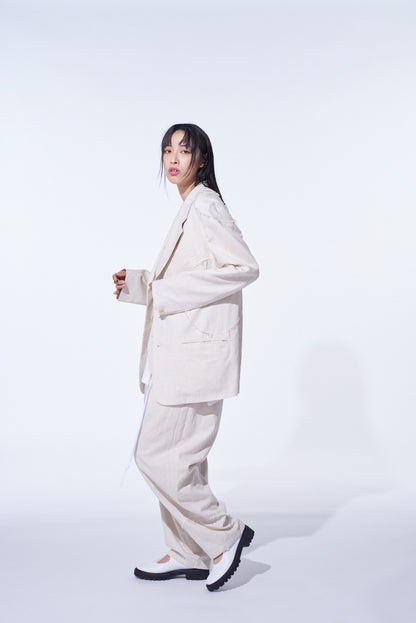 LINEN/COTTON HERRINGBONE ZIGZAG CUT-OUT JACKET