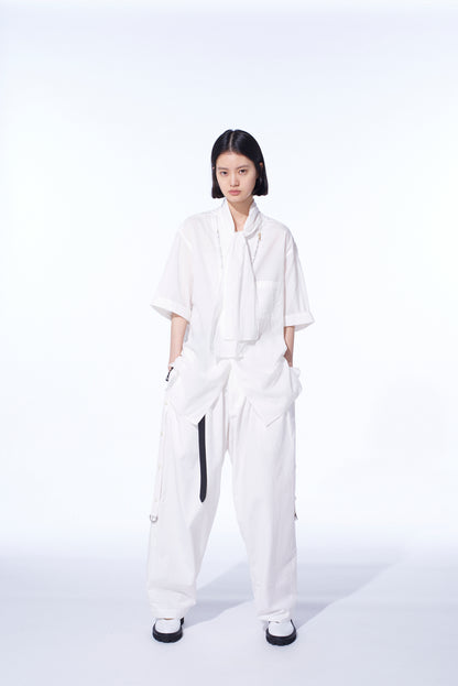 COTTON/LINEN DUNGAREE SIDEBANDED PANTS