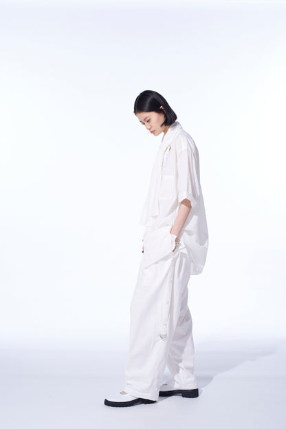 COTTON/LINEN DUNGAREE SIDEBANDED PANTS
