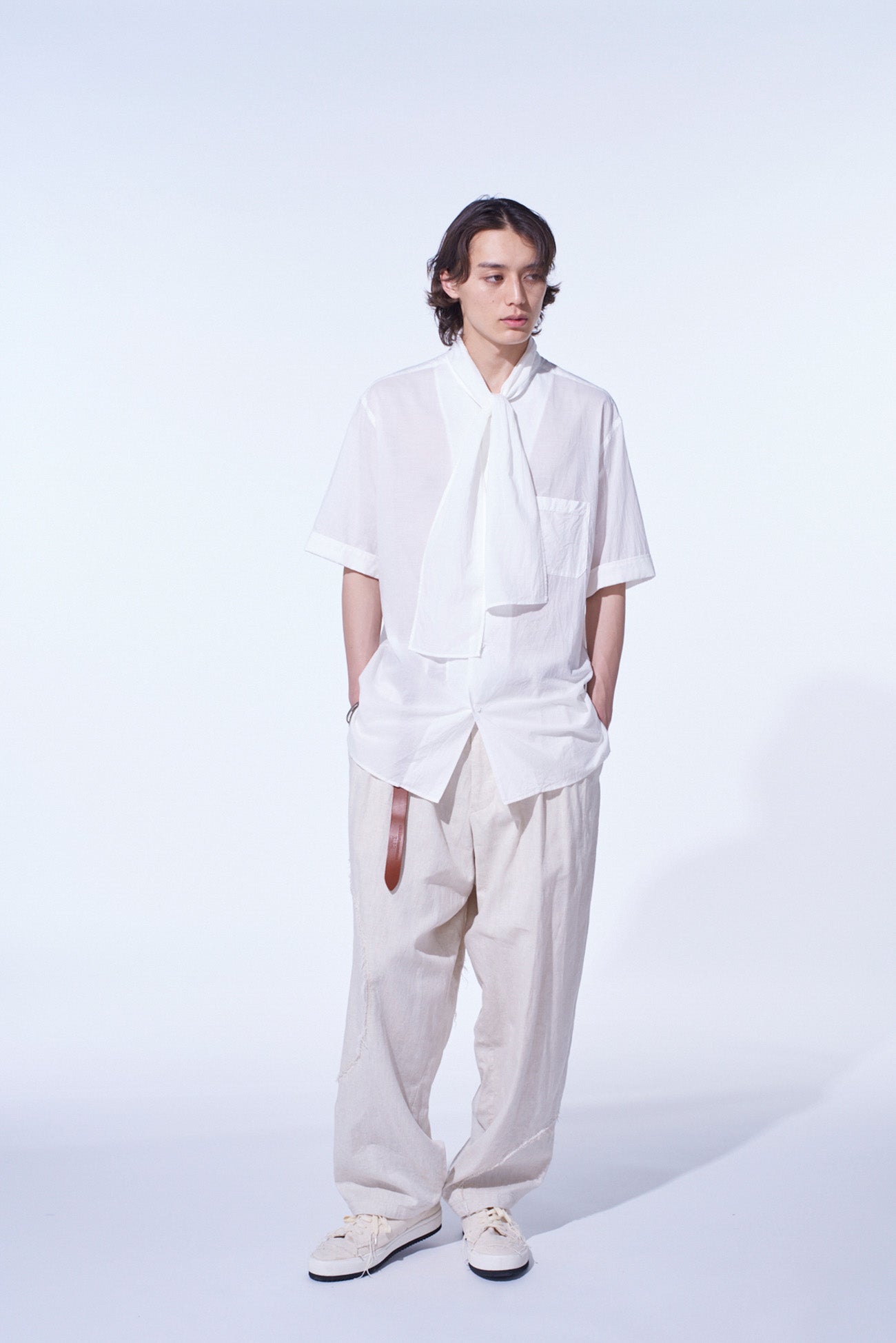 LINEN/COTTON HERRINGBONE ZIGZAG CUT-OUT PANTS