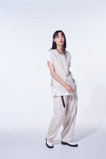 LINEN/COTTON HERRINGBONE ZIGZAG CUT-OUT PANTS