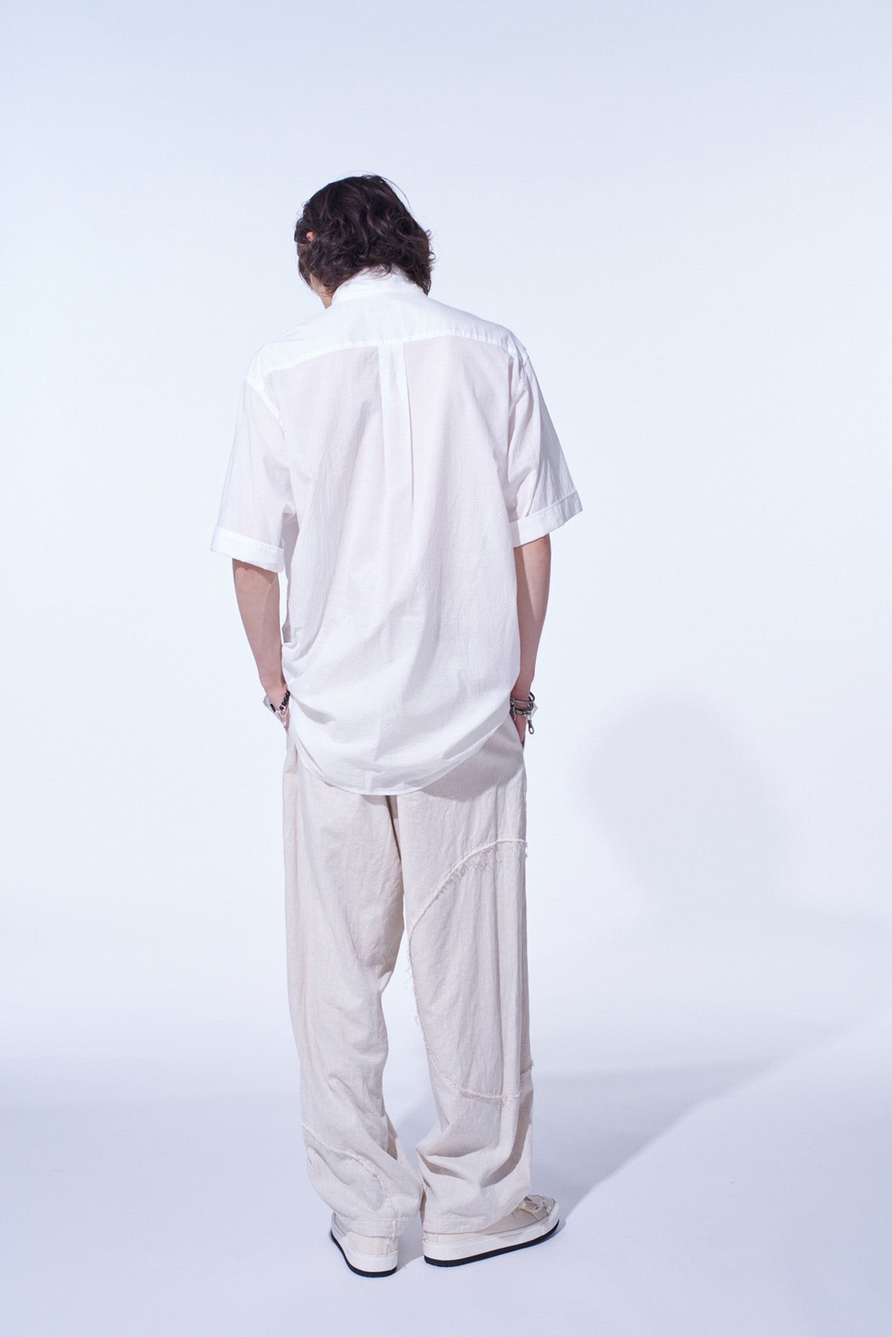 LINEN/COTTON HERRINGBONE ZIGZAG CUT-OUT PANTS