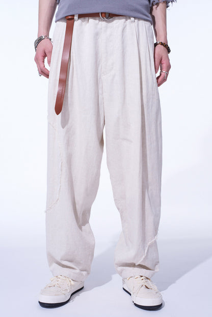 LINEN/COTTON HERRINGBONE ZIGZAG CUT-OUT PANTS